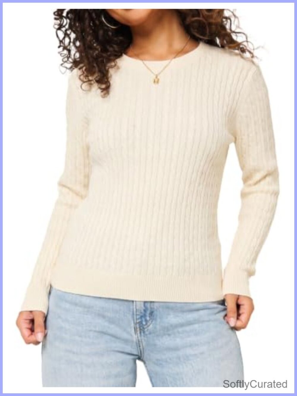 Women's Cable Knit Long Sleeve Cotton Pullover Sweater Slim Fit Crew Neck